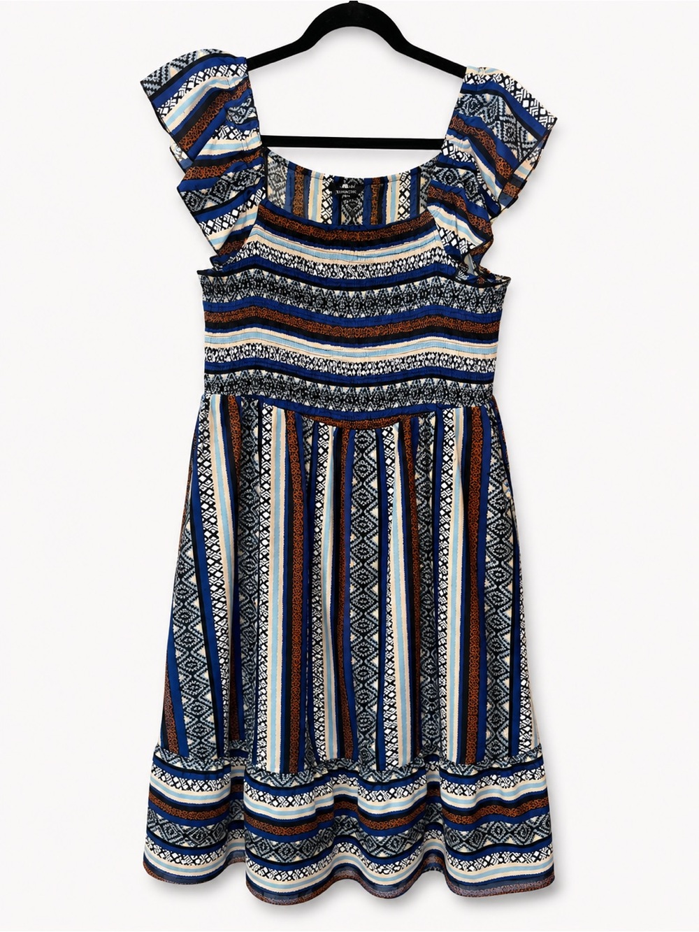 Womens Blue Multi-Stripe Ruffle Sleeve Dress
